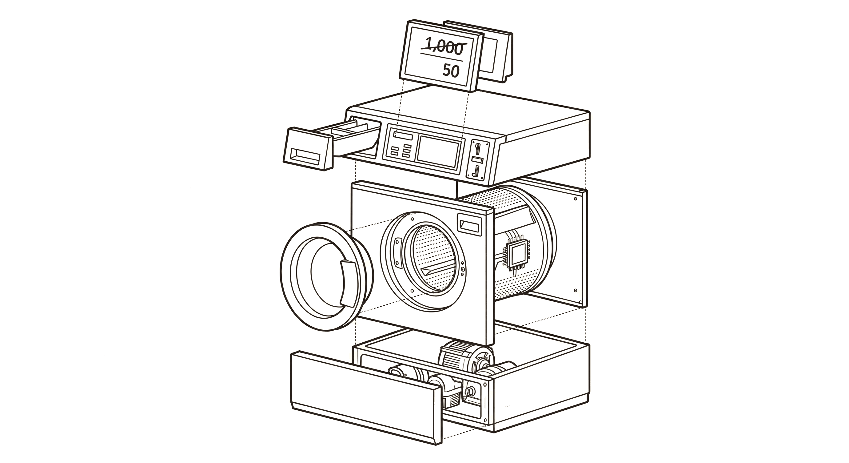 Exploded diagram of a DualMint-monitored washing machine